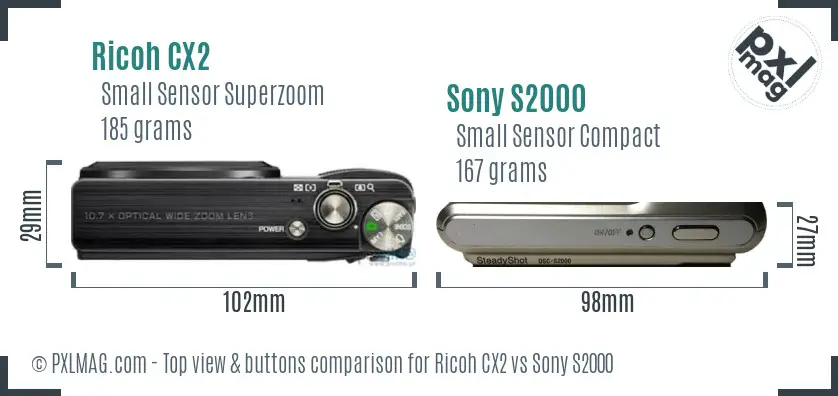 Ricoh CX2 vs Sony S2000 top view buttons comparison