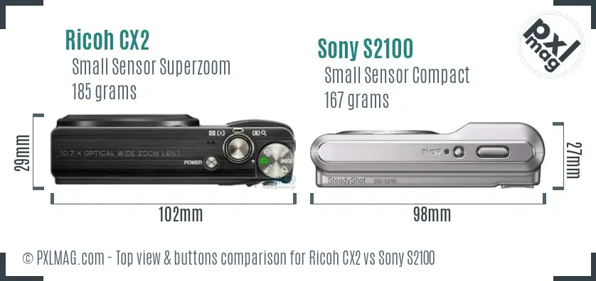 Ricoh CX2 vs Sony S2100 top view buttons comparison