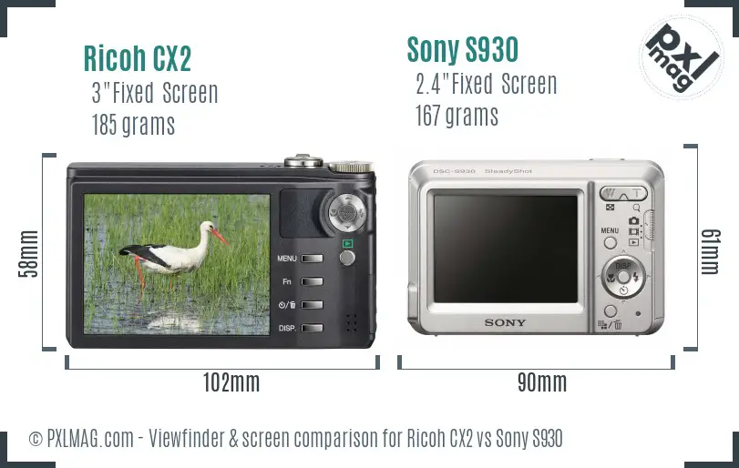 Ricoh CX2 vs Sony S930 Screen and Viewfinder comparison