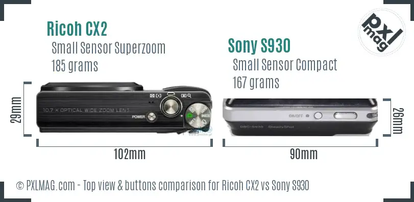 Ricoh CX2 vs Sony S930 top view buttons comparison