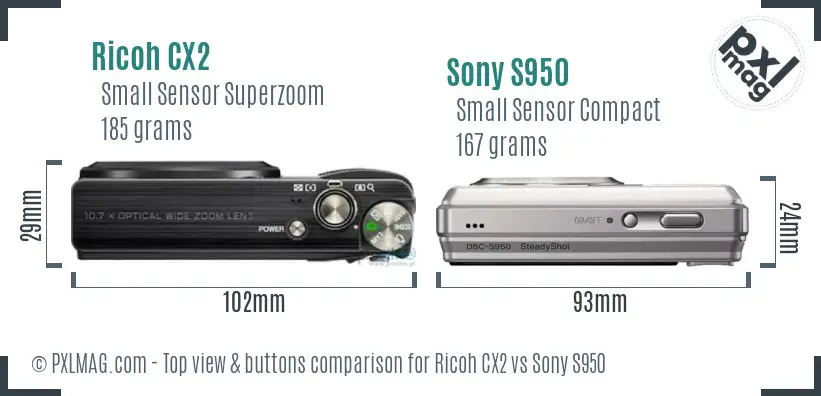 Ricoh CX2 vs Sony S950 top view buttons comparison