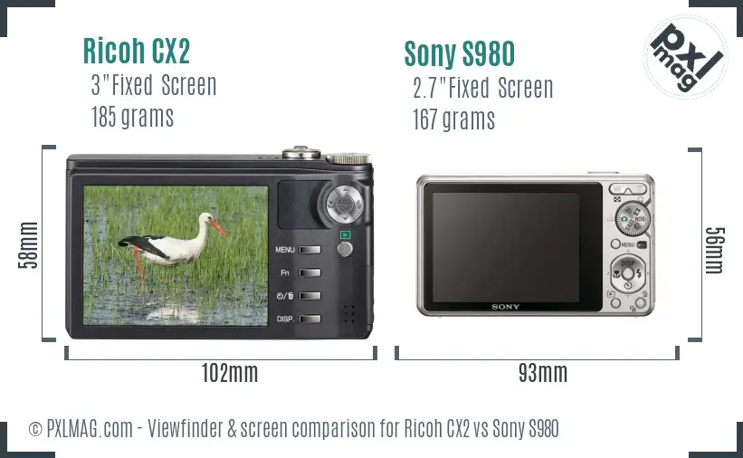 Ricoh CX2 vs Sony S980 Screen and Viewfinder comparison