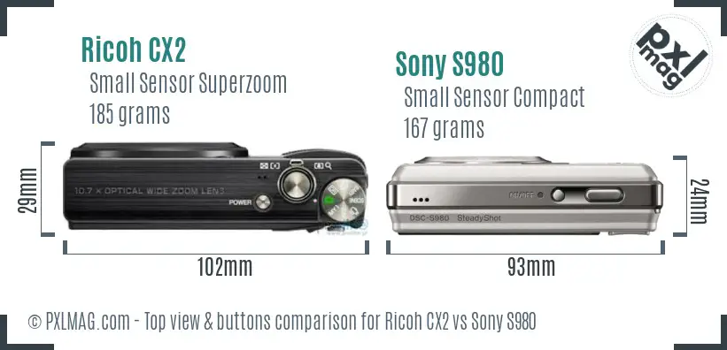 Ricoh CX2 vs Sony S980 top view buttons comparison