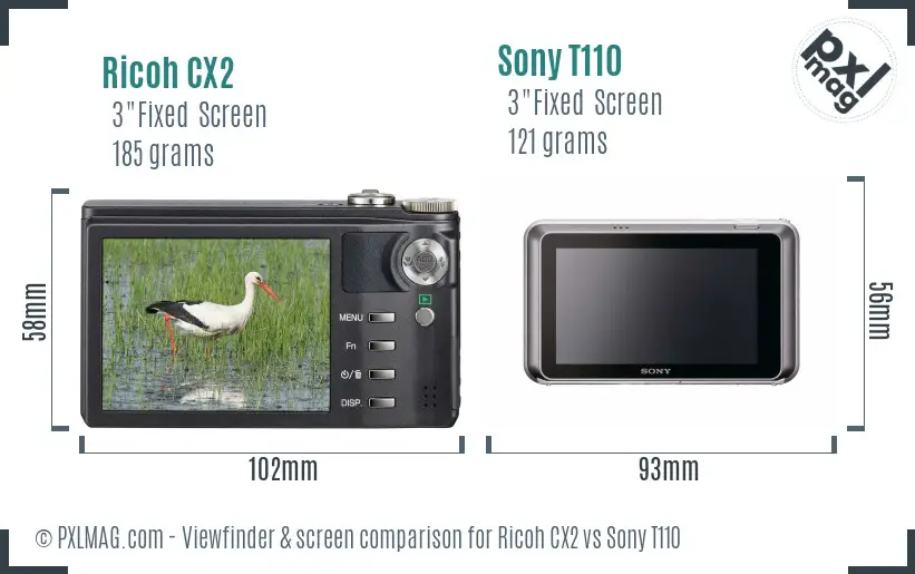 Ricoh CX2 vs Sony T110 Screen and Viewfinder comparison