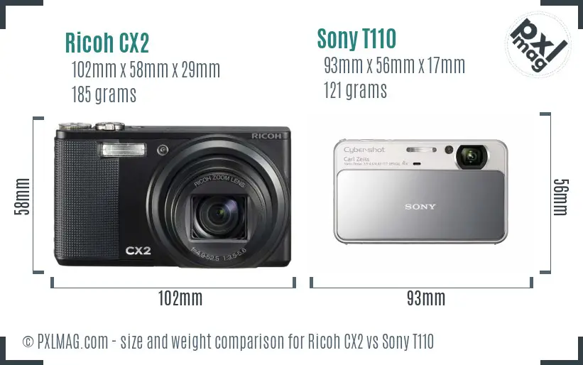 Ricoh CX2 vs Sony T110 size comparison
