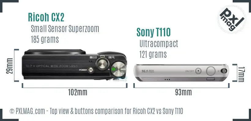 Ricoh CX2 vs Sony T110 top view buttons comparison