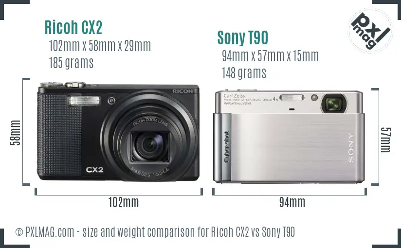 Ricoh CX2 vs Sony T90 size comparison