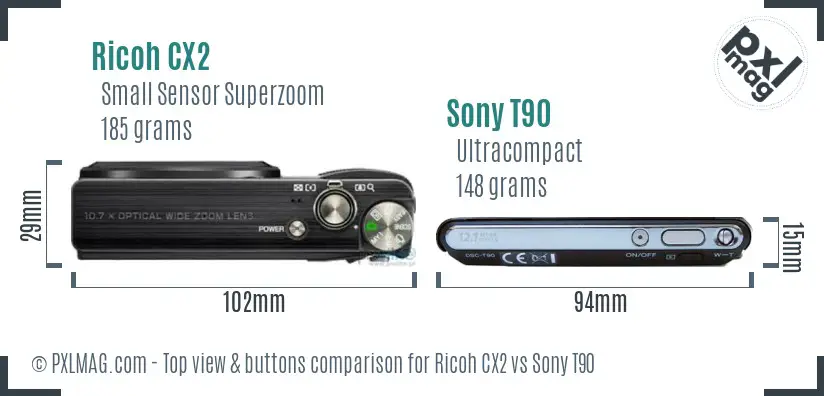 Ricoh CX2 vs Sony T90 top view buttons comparison