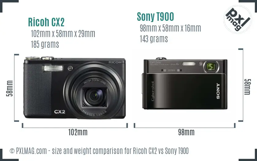Ricoh CX2 vs Sony T900 size comparison
