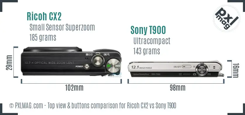 Ricoh CX2 vs Sony T900 top view buttons comparison