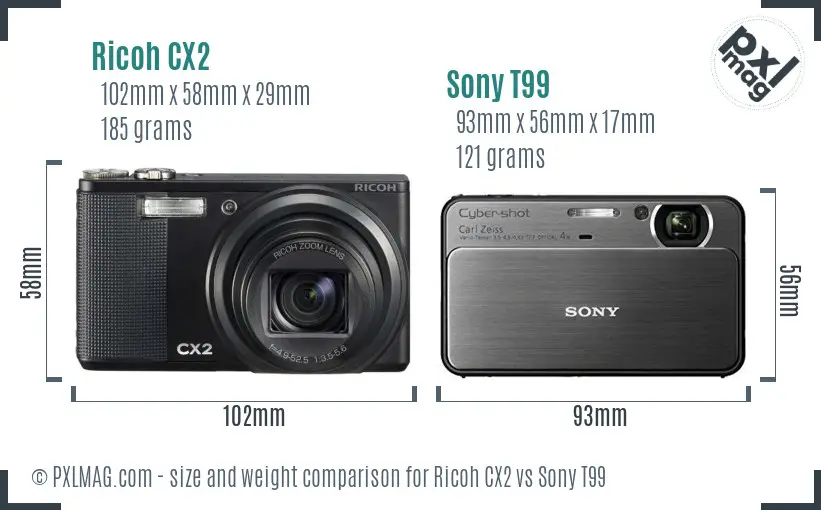 Ricoh CX2 vs Sony T99 size comparison