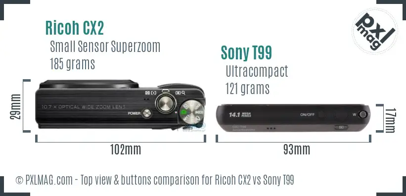 Ricoh CX2 vs Sony T99 top view buttons comparison