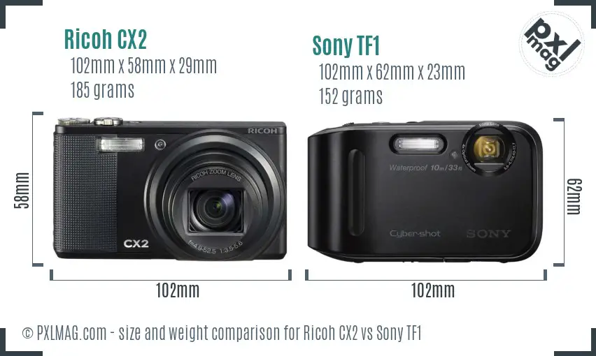 Ricoh CX2 vs Sony TF1 size comparison