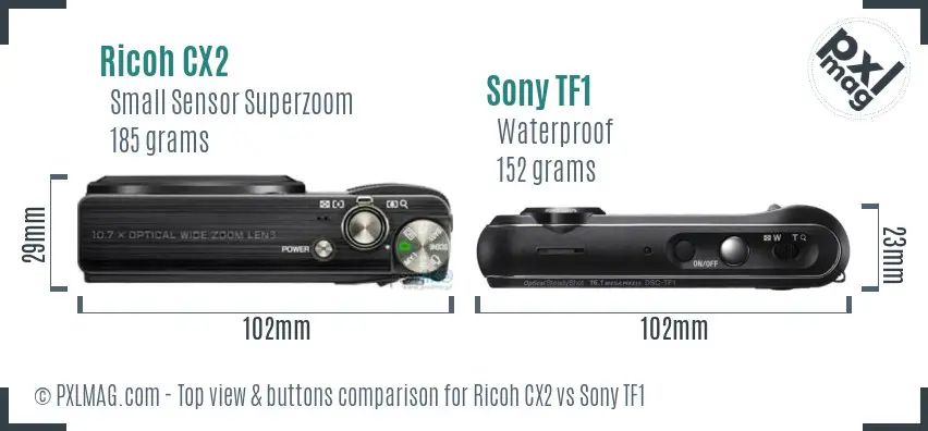 Ricoh CX2 vs Sony TF1 top view buttons comparison