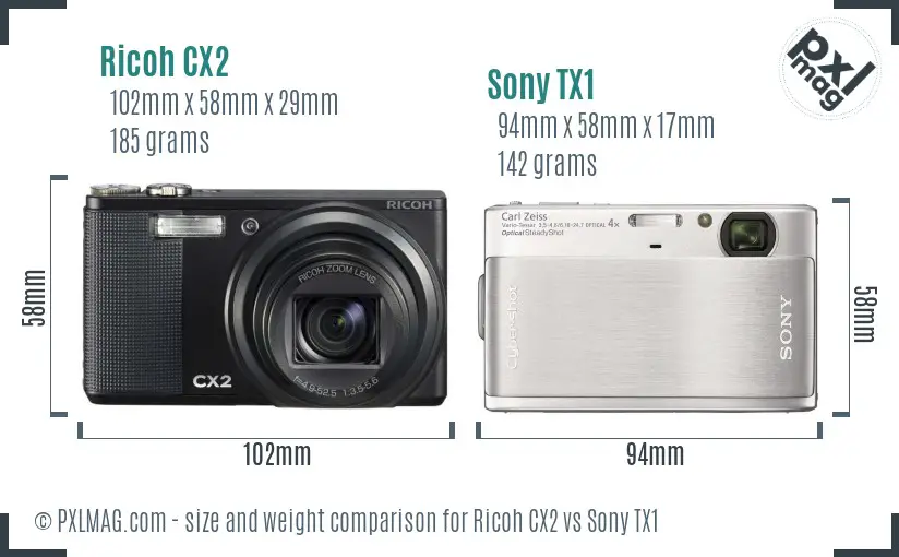 Ricoh CX2 vs Sony TX1 size comparison