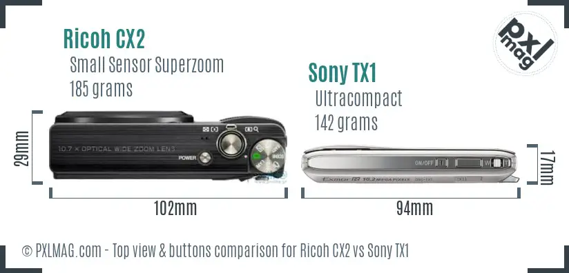 Ricoh CX2 vs Sony TX1 top view buttons comparison