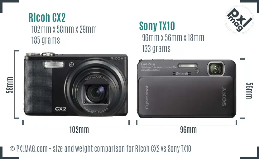 Ricoh CX2 vs Sony TX10 size comparison