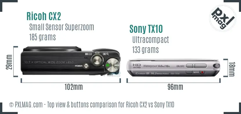 Ricoh CX2 vs Sony TX10 top view buttons comparison