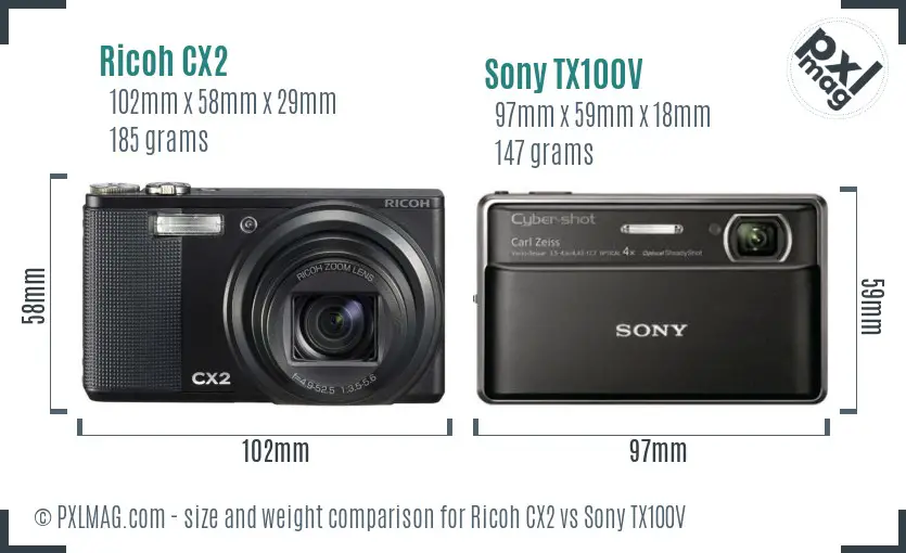 Ricoh CX2 vs Sony TX100V size comparison