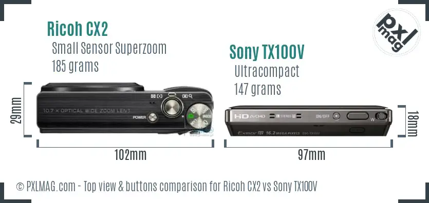 Ricoh CX2 vs Sony TX100V top view buttons comparison