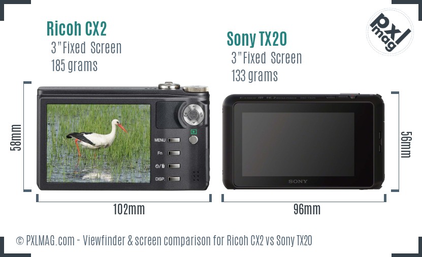 Ricoh CX2 vs Sony TX20 Screen and Viewfinder comparison