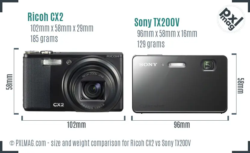 Ricoh CX2 vs Sony TX200V size comparison