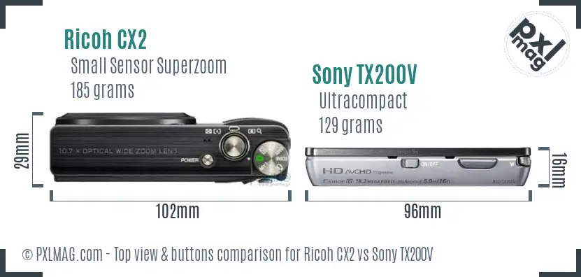 Ricoh CX2 vs Sony TX200V top view buttons comparison