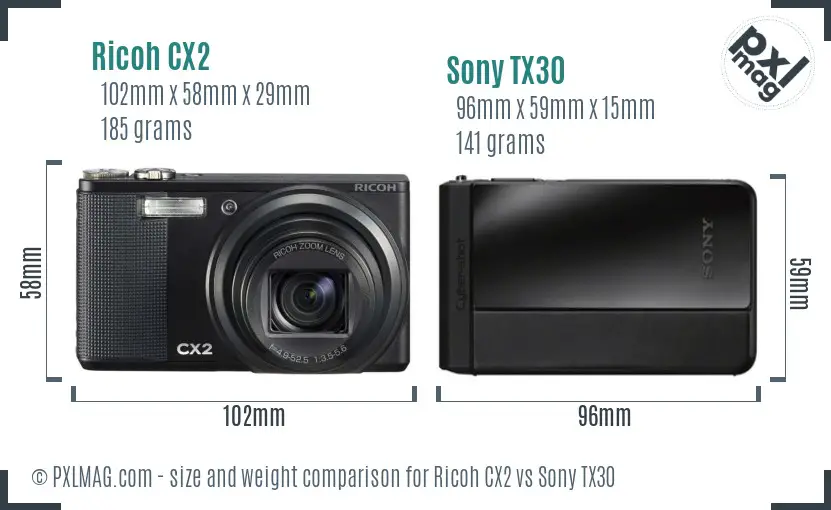 Ricoh CX2 vs Sony TX30 size comparison