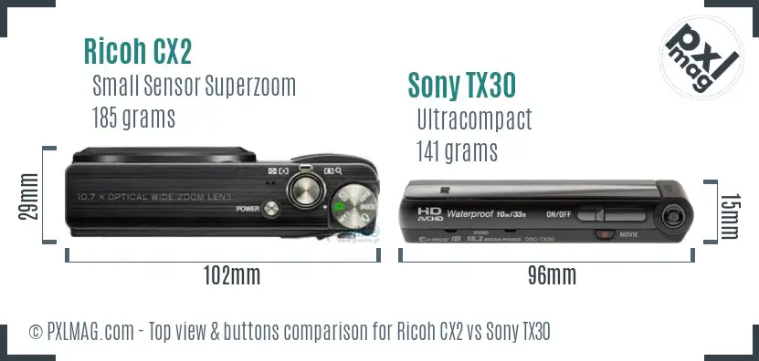 Ricoh CX2 vs Sony TX30 top view buttons comparison