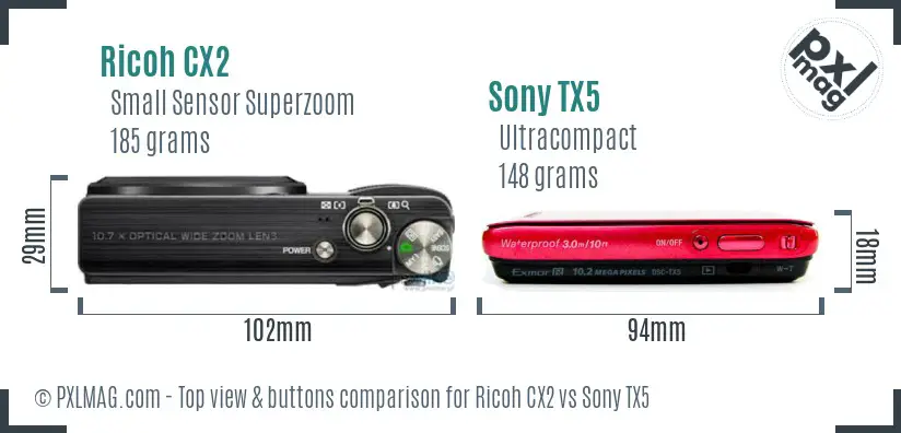 Ricoh CX2 vs Sony TX5 top view buttons comparison