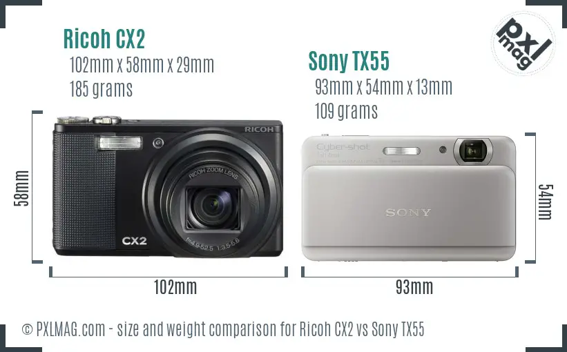 Ricoh CX2 vs Sony TX55 size comparison