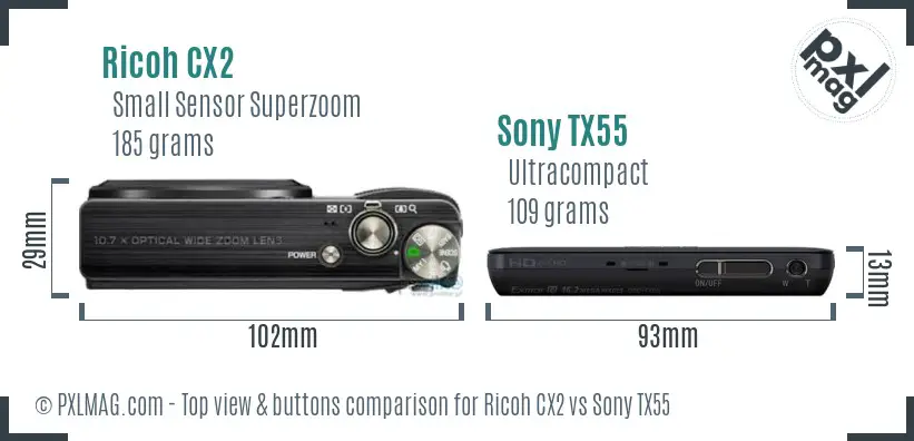 Ricoh CX2 vs Sony TX55 top view buttons comparison