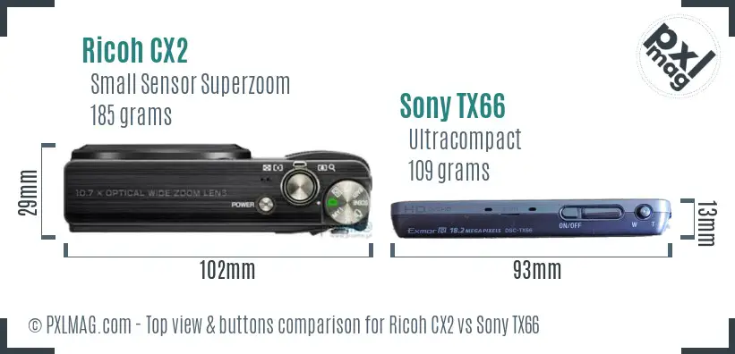 Ricoh CX2 vs Sony TX66 top view buttons comparison