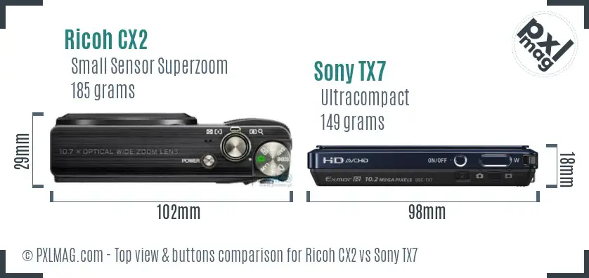 Ricoh CX2 vs Sony TX7 top view buttons comparison