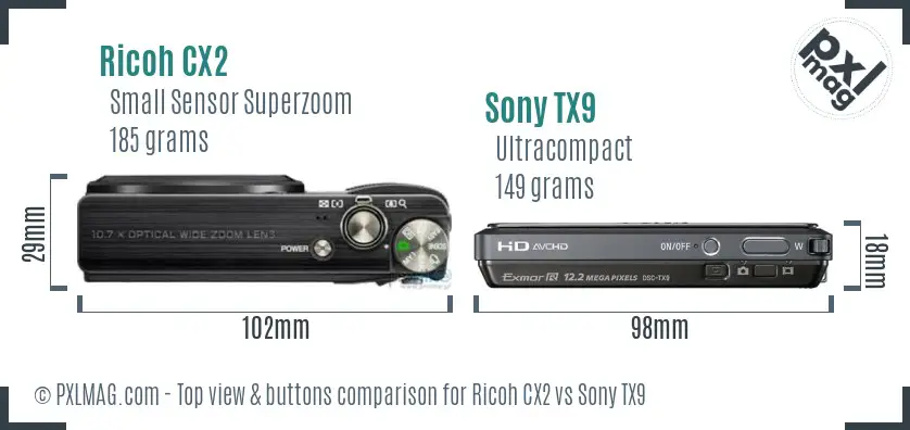 Ricoh CX2 vs Sony TX9 top view buttons comparison