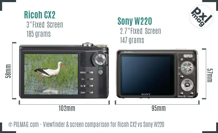 Ricoh CX2 vs Sony W220 Screen and Viewfinder comparison