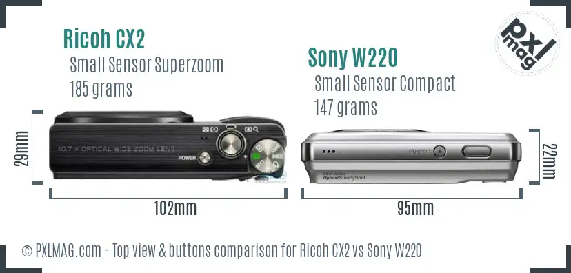 Ricoh CX2 vs Sony W220 top view buttons comparison