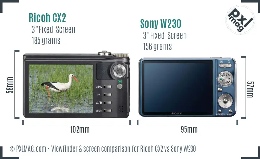Ricoh CX2 vs Sony W230 Screen and Viewfinder comparison