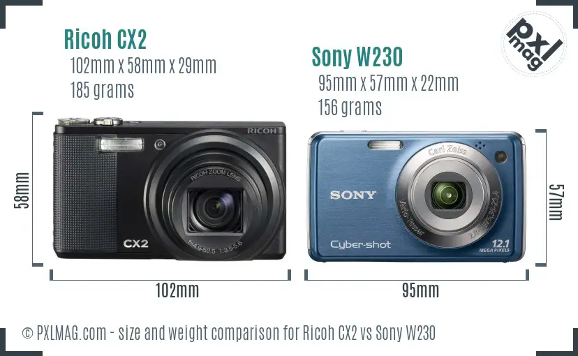 Ricoh CX2 vs Sony W230 size comparison