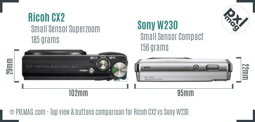 Ricoh CX2 vs Sony W230 top view buttons comparison