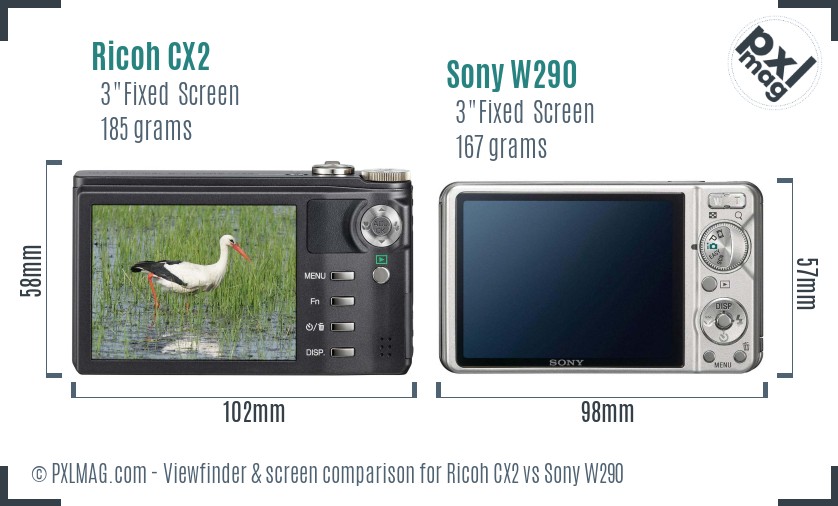 Ricoh CX2 vs Sony W290 Screen and Viewfinder comparison