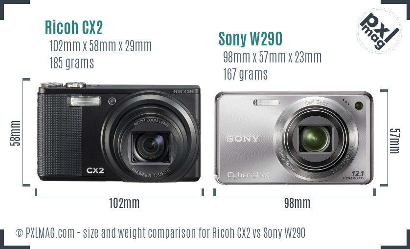 Ricoh CX2 vs Sony W290 size comparison