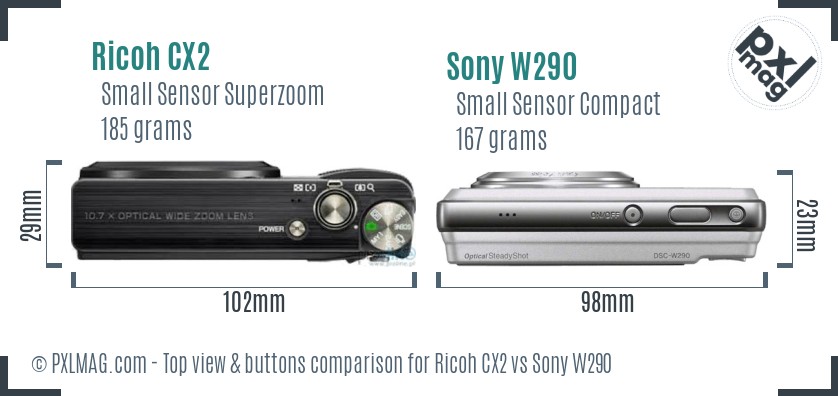 Ricoh CX2 vs Sony W290 top view buttons comparison