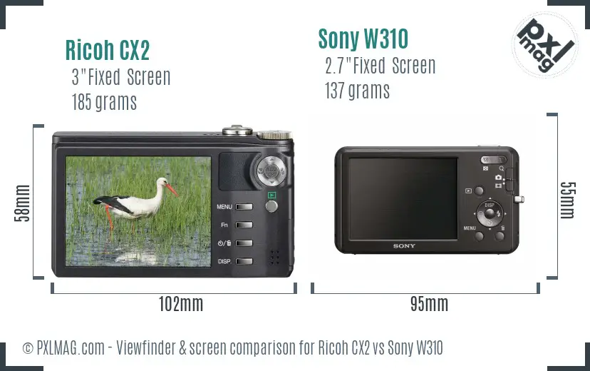 Ricoh CX2 vs Sony W310 Screen and Viewfinder comparison