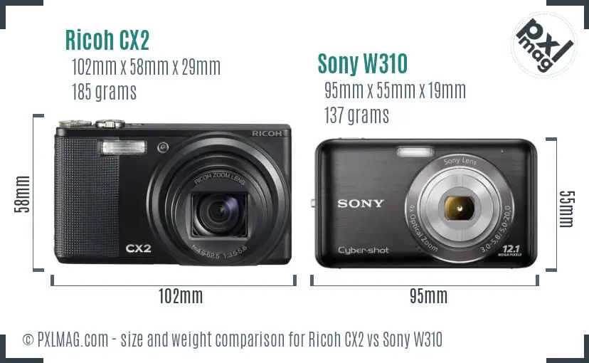 Ricoh CX2 vs Sony W310 size comparison