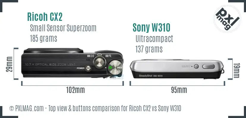 Ricoh CX2 vs Sony W310 top view buttons comparison