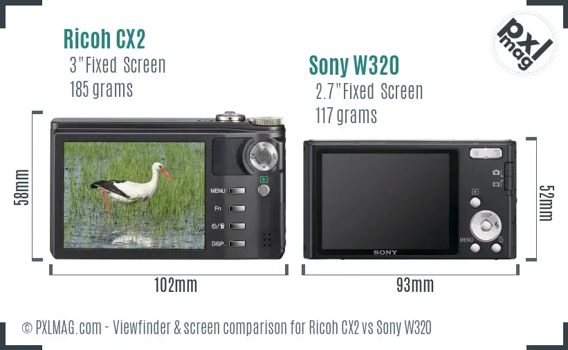 Ricoh CX2 vs Sony W320 Screen and Viewfinder comparison