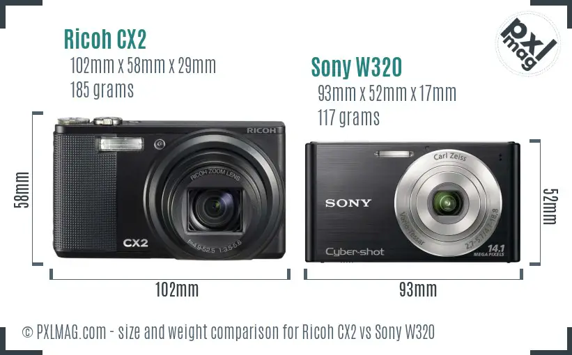 Ricoh CX2 vs Sony W320 size comparison
