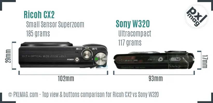 Ricoh CX2 vs Sony W320 top view buttons comparison