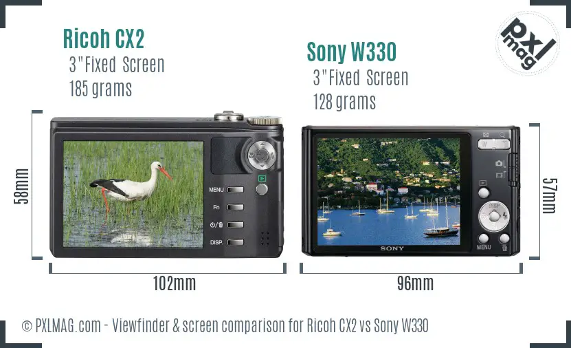 Ricoh CX2 vs Sony W330 Screen and Viewfinder comparison